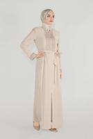 Hijab clothing BEIGE ALVİNA EMBROIDERED BELTED TOPCOAT 10216 
