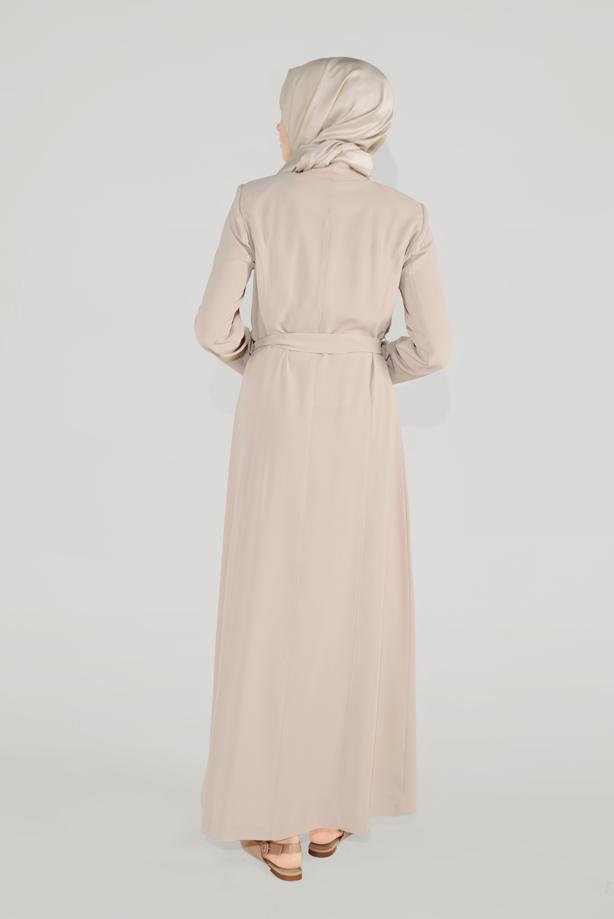 Hijab clothing BEIGE ALVİNA EMBROIDERED BELTED TOPCOAT 10216  - TRENDTESETTÜR