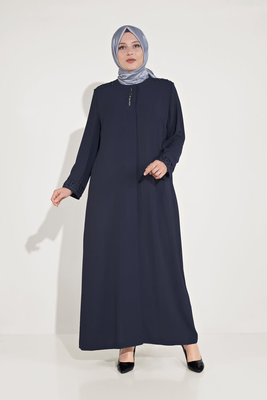 Hijab clothing NAVY BLUE ALVİNA BEADED EMBROIDERED TOPCOAT 10228 