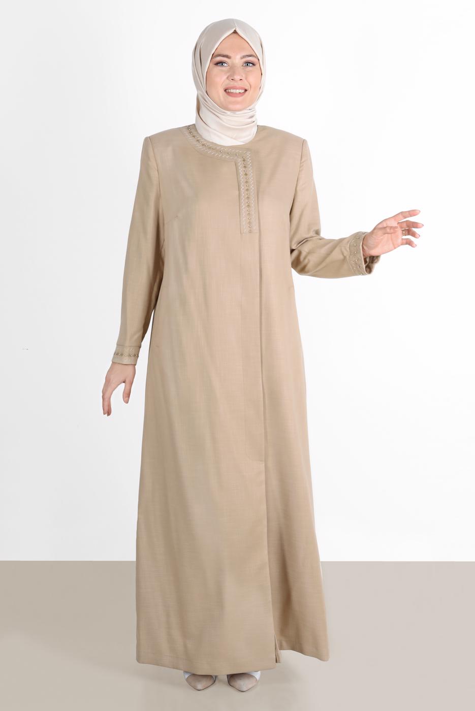 Hijab clothing BROWN ALVİNA EMBROIDERED BEADED TOPCOAT 10231