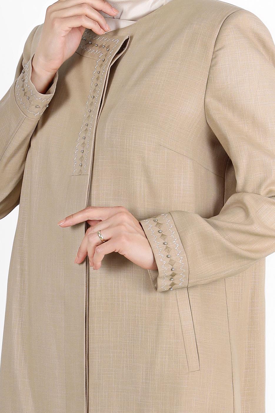 Hijab clothing BROWN ALVİNA EMBROIDERED BEADED TOPCOAT 10231