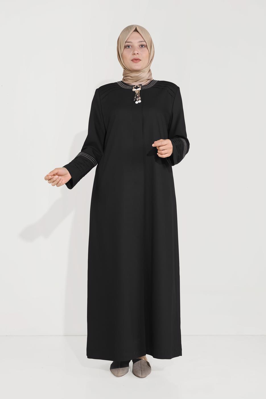 Hijab clothing BLACK ALVİNA EMBROIDERY DETAIL TOPCOAT 10233 