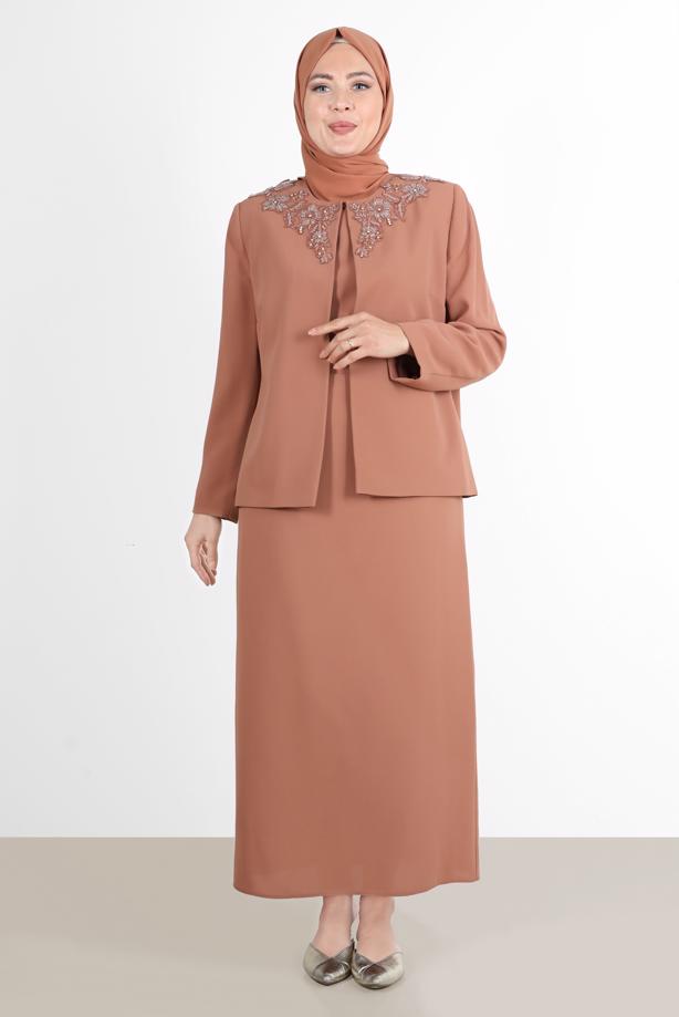 Hijab clothing BROWN ALVİNA EMBROIDERED CREPE 3-PIECE SKIRTED SUIT 30032  - TRENDTESETTÜR