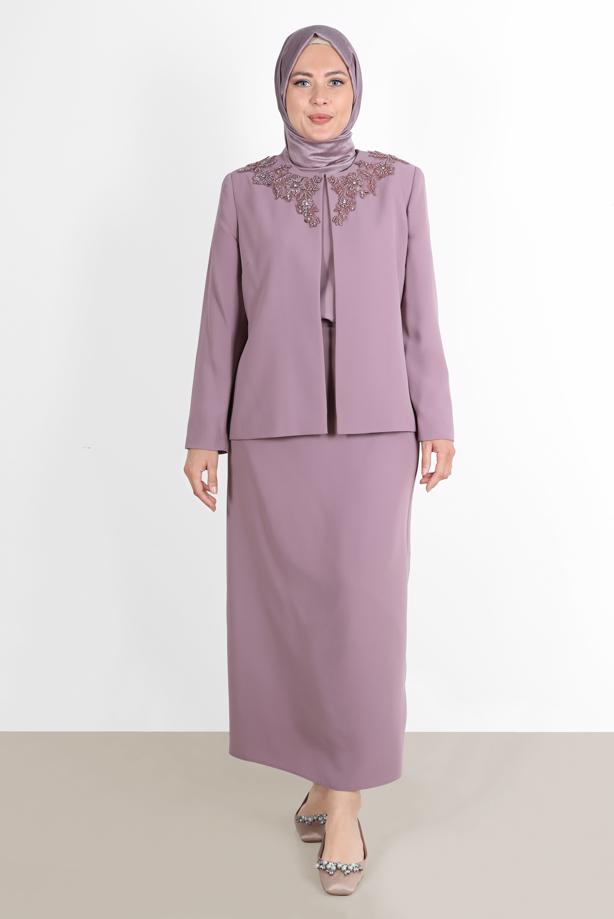 Hijab clothing PINK ALVİNA EMBROIDERED CREPE 3-PIECE SKIRTED SUIT 30032  - TRENDTESETTÜR