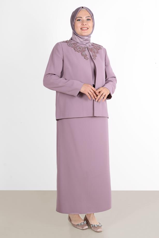 Hijab clothing PINK ALVİNA EMBROIDERED CREPE 3-PIECE SKIRTED SUIT 30032  - TRENDTESETTÜR