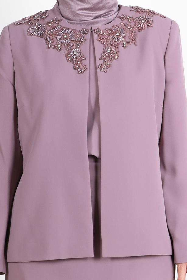 Hijab clothing PINK ALVİNA EMBROIDERED CREPE 3-PIECE SKIRTED SUIT 30032  - TRENDTESETTÜR