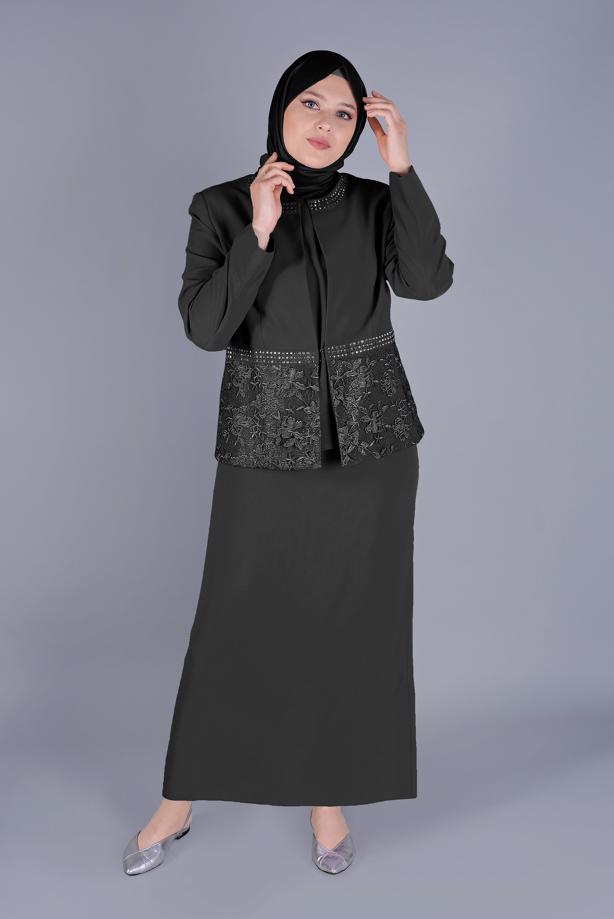 Hijab clothing BLACK ALVİNA GEM PRINTED LACED 3-PIECE SKIRTED SUIT T 30056 - TRENDTESETTÜR