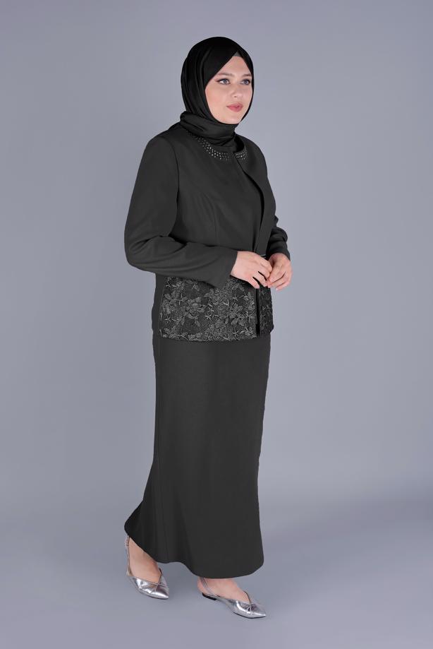 Hijab clothing BLACK ALVİNA GEM PRINTED LACED 3-PIECE SKIRTED SUIT T 30056 - TRENDTESETTÜR