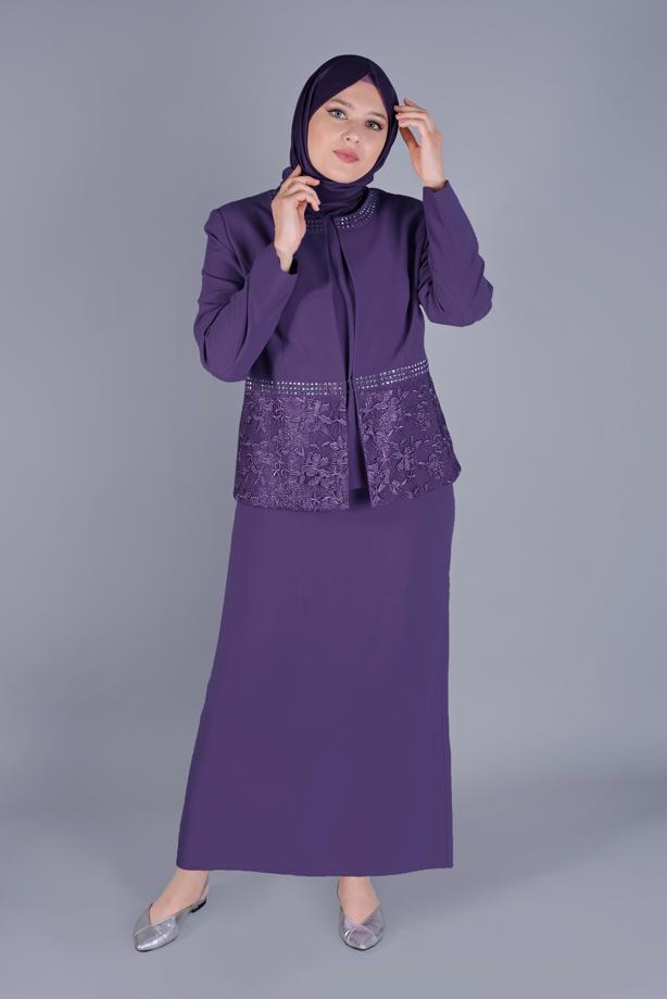 Hijab clothing PURPLE ALVİNA GEM PRINTED LACED 3-PIECE SKIRTED SUIT T 30056 - TRENDTESETTÜR