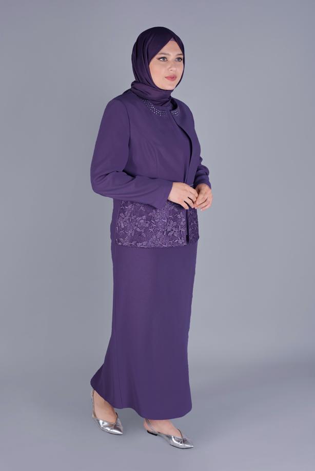 Hijab clothing PURPLE ALVİNA GEM PRINTED LACED 3-PIECE SKIRTED SUIT T 30056 - TRENDTESETTÜR