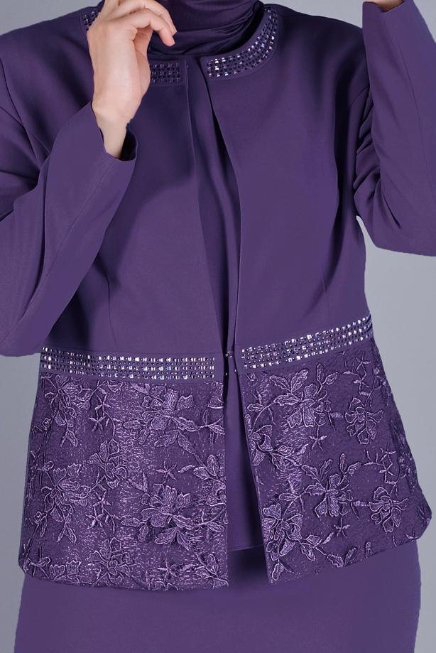 Hijab clothing PURPLE ALVİNA GEM PRINTED LACED 3-PIECE SKIRTED SUIT T 30056 - TRENDTESETTÜR