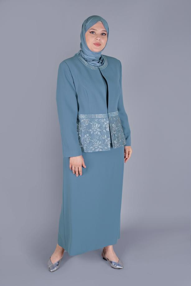 Hijab clothing BLUE ALVİNA GEM PRINTED LACED 3-PIECE SKIRTED SUIT T 30056 - TRENDTESETTÜR