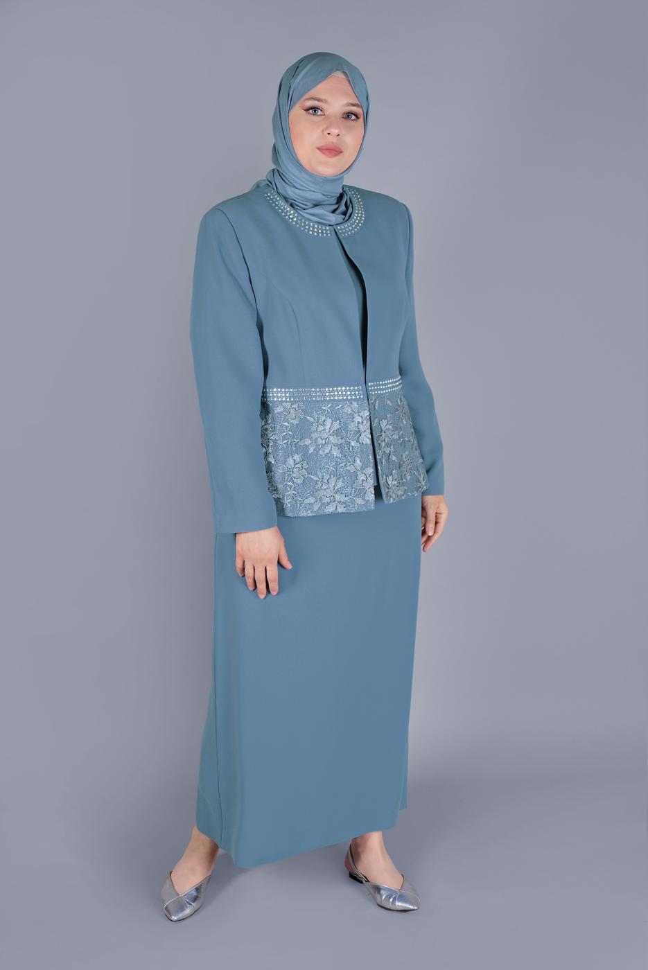 Vêtements hijab BLEU ALVİNA GEM IMPRIMÉ COSTUME À JUPE 3 PIÈCES T 30056