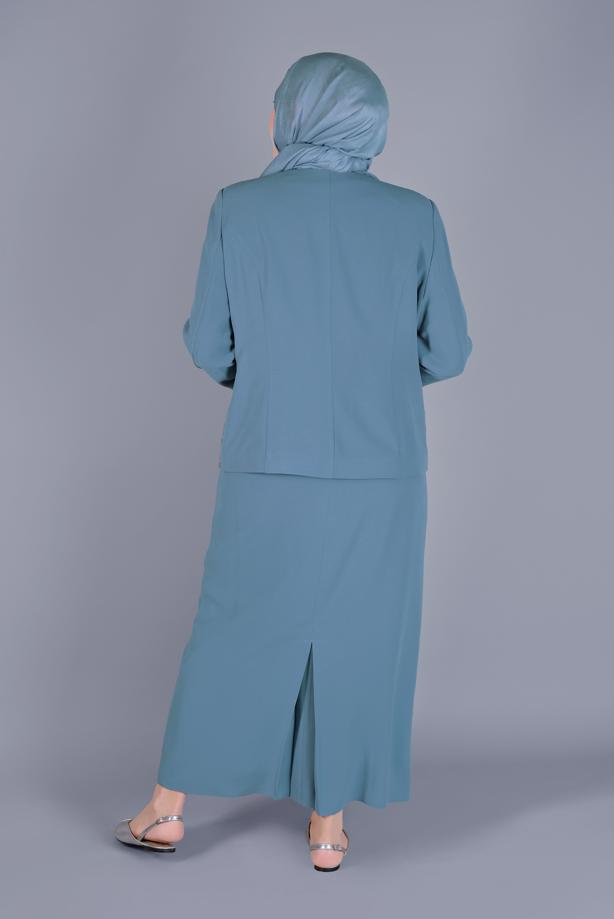 Hijab clothing BLUE ALVİNA GEM PRINTED LACED 3-PIECE SKIRTED SUIT T 30056 - TRENDTESETTÜR