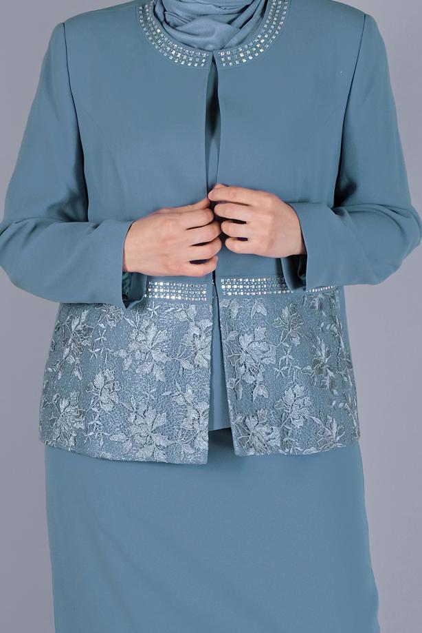 Hijab clothing BLUE ALVİNA GEM PRINTED LACED 3-PIECE SKIRTED SUIT T 30056 - TRENDTESETTÜR