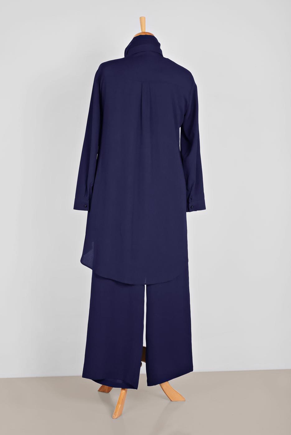 Tesettür giyim LACİVERT ALVİNA YAKASI BROŞLU PANTOLONLU TAKIM 2854 