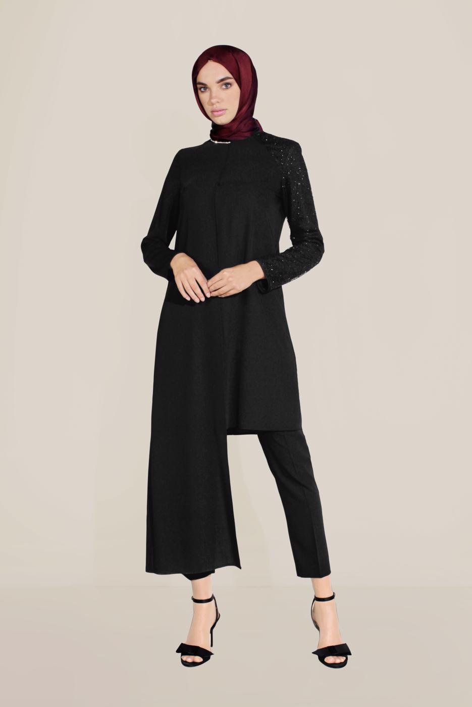 Tesettür giyim SİYAH TAŞ DETAYLI İKİLİ PANT. TAKIM 30001 