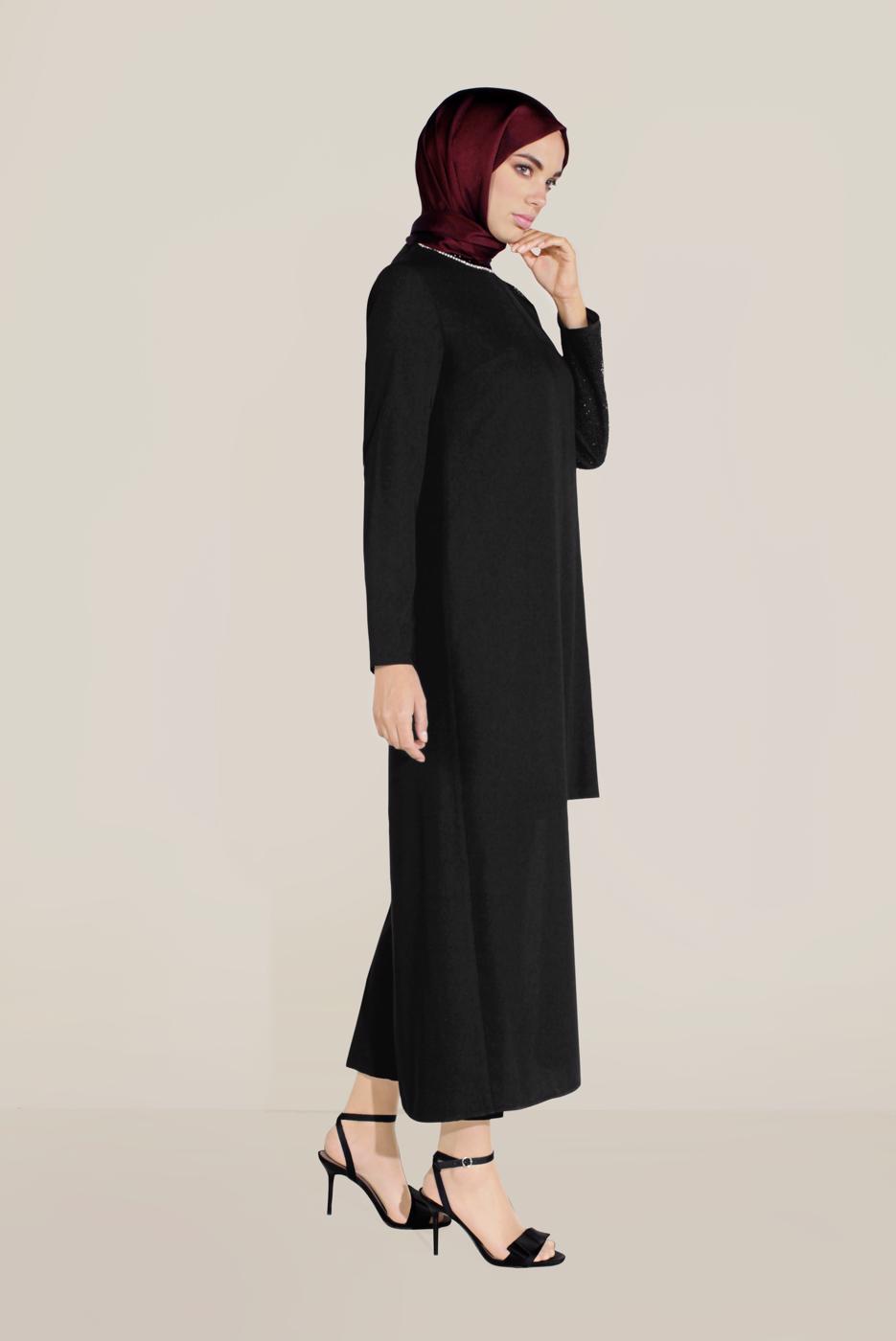 Tesettür giyim SİYAH TAŞ DETAYLI İKİLİ PANT. TAKIM 30001 