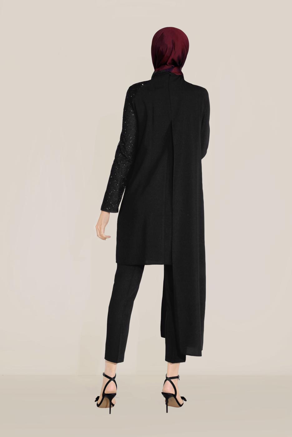 Tesettür giyim SİYAH TAŞ DETAYLI İKİLİ PANT. TAKIM 30001 