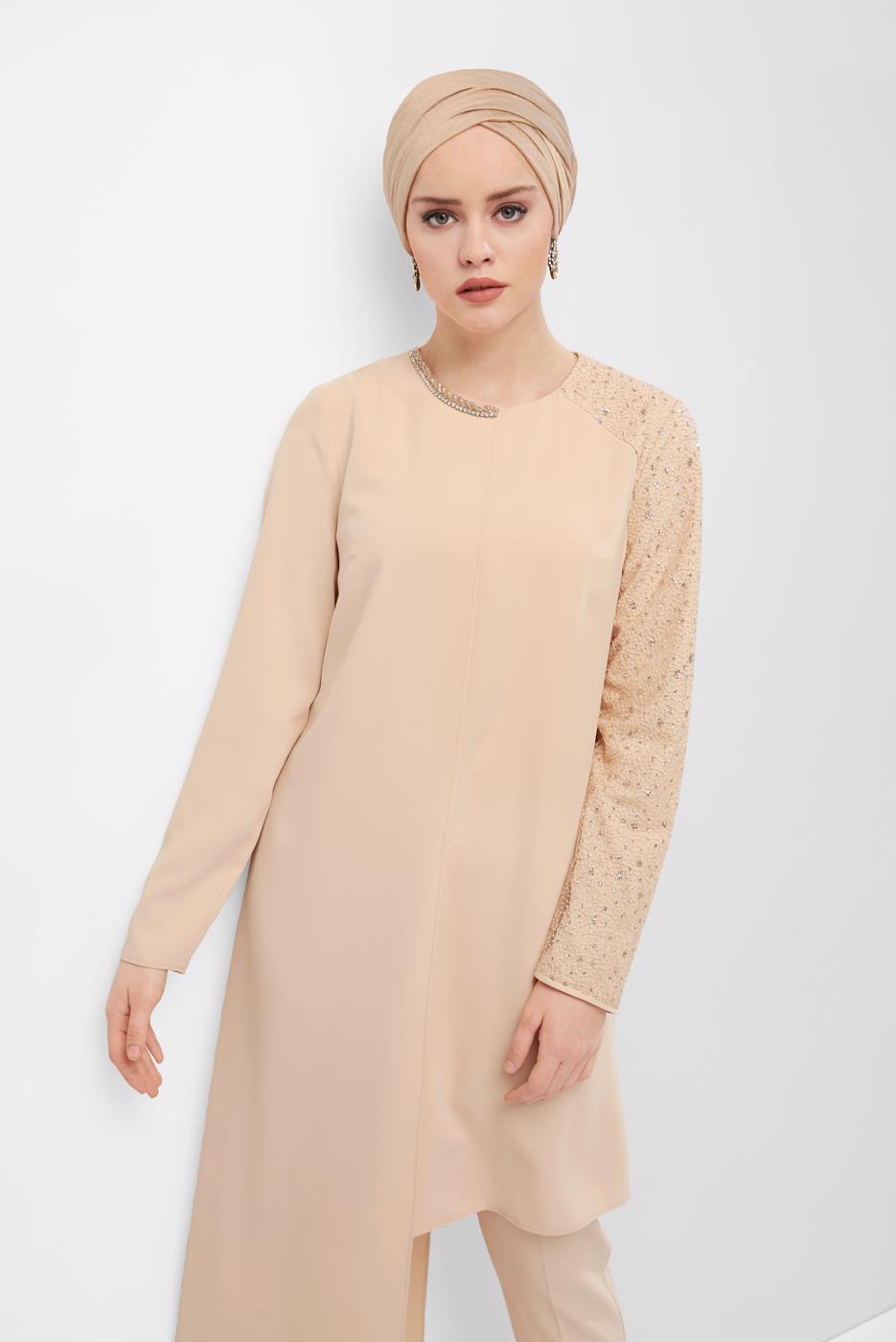 Tesettür giyim BEJ TAŞ DETAYLI İKİLİ PANT. TAKIM 30001 
