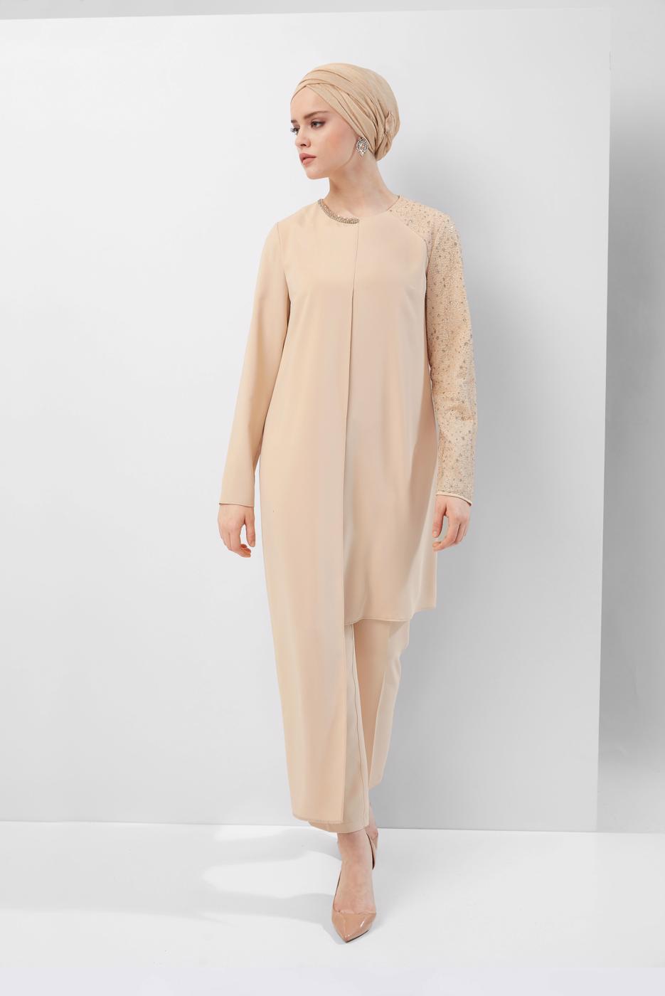 Tesettür giyim BEJ TAŞ DETAYLI İKİLİ PANT. TAKIM 30001 