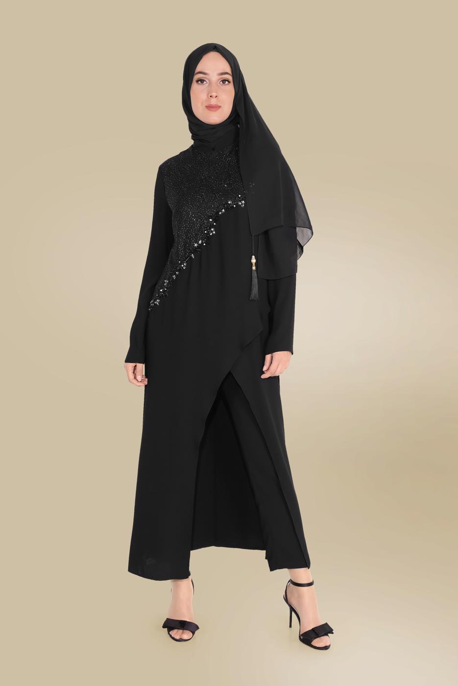 Tesettür giyim SİYAH ALVİNA GÜPÜR DETAYLI İKİLİ PANT. TAKIM 30044 