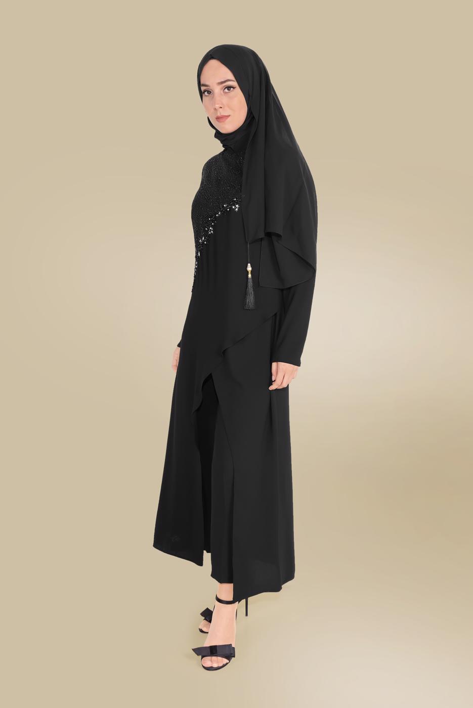 Tesettür giyim SİYAH ALVİNA GÜPÜR DETAYLI İKİLİ PANT. TAKIM 30044 