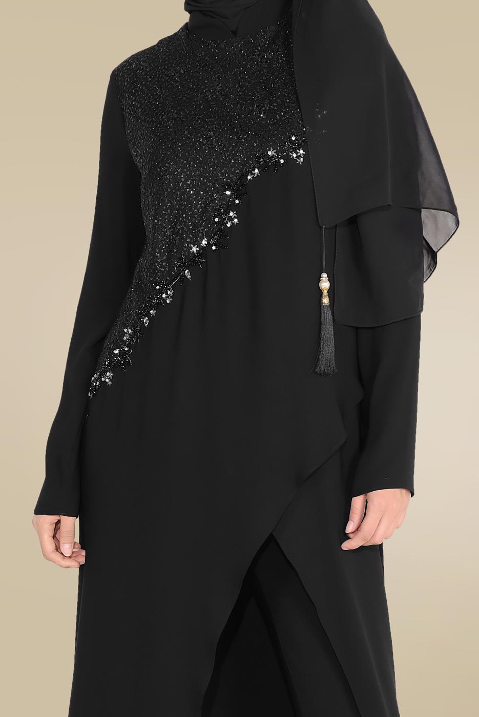 Tesettür giyim SİYAH ALVİNA GÜPÜR DETAYLI İKİLİ PANT. TAKIM 30044 