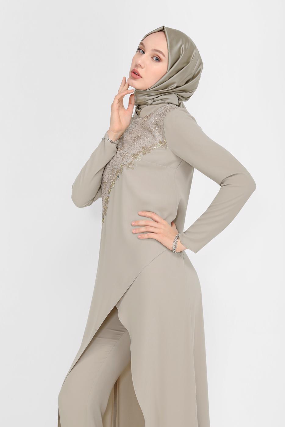 Tesettür giyim VİZON ALVİNA GÜPÜR DETAYLI İKİLİ PANT. TAKIM 30044 