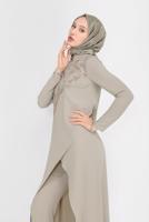 Tesettür giyim VİZON ALVİNA GÜPÜR DETAYLI İKİLİ PANT. TAKIM 30044 