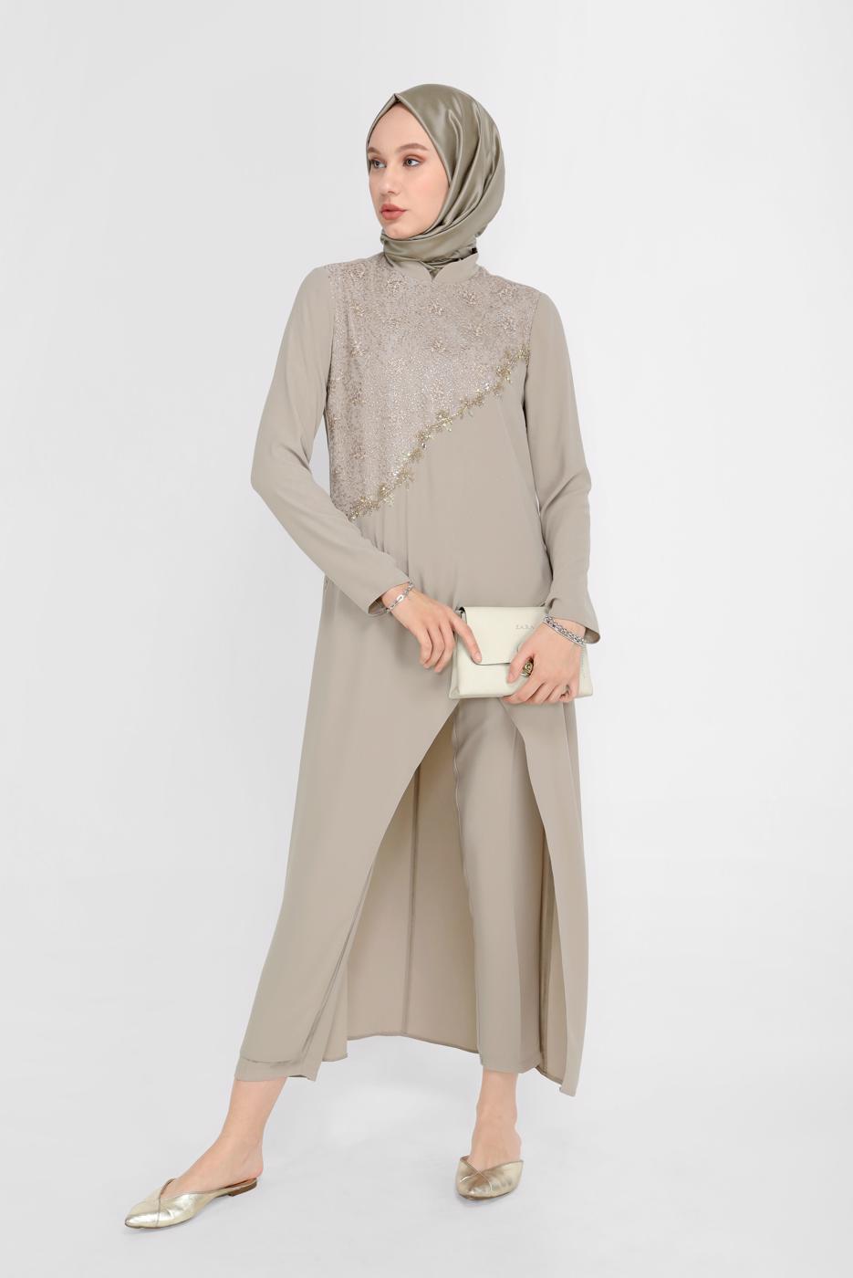 Tesettür giyim VİZON ALVİNA GÜPÜR DETAYLI İKİLİ PANT. TAKIM 30044 