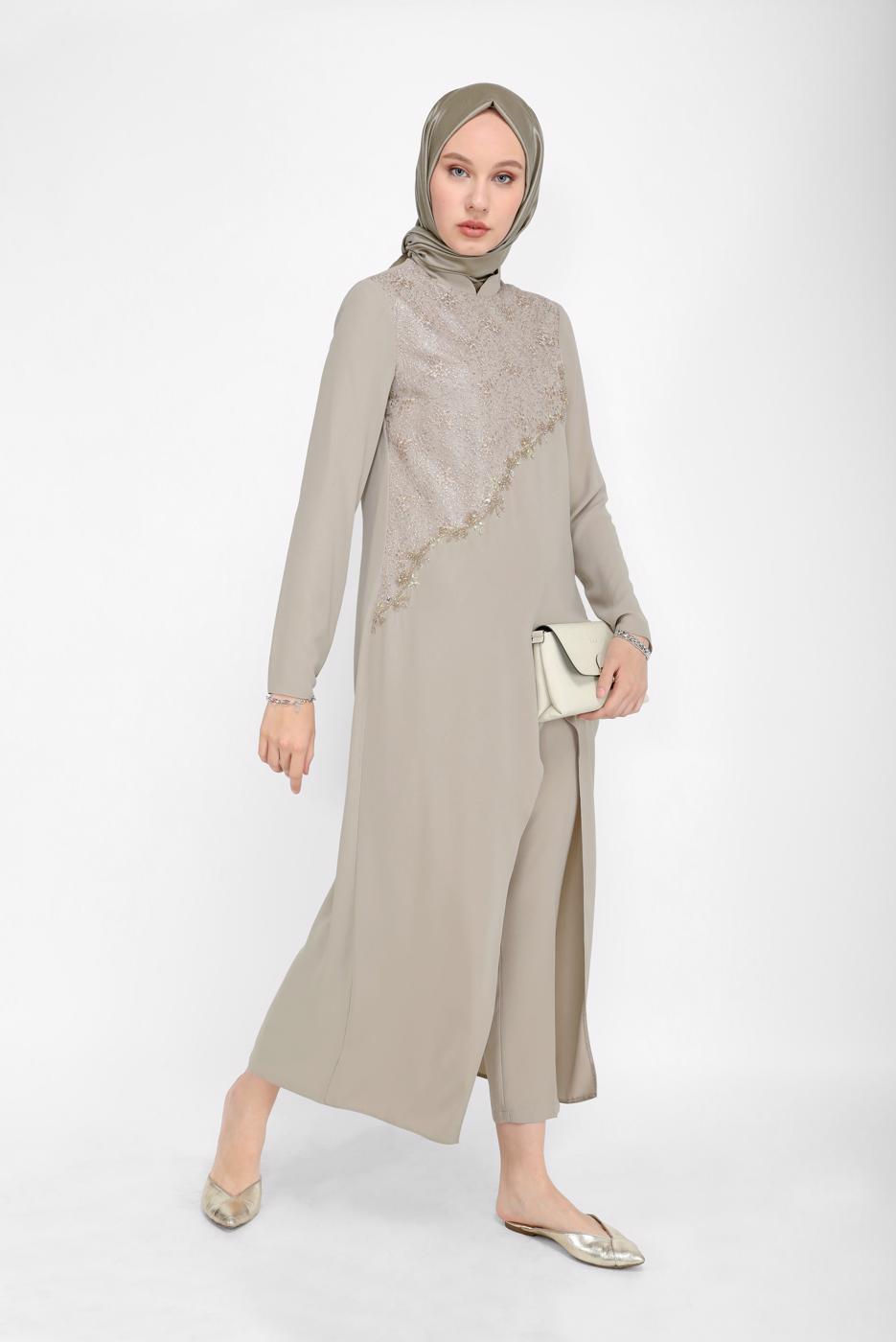 Tesettür giyim VİZON ALVİNA GÜPÜR DETAYLI İKİLİ PANT. TAKIM 30044 