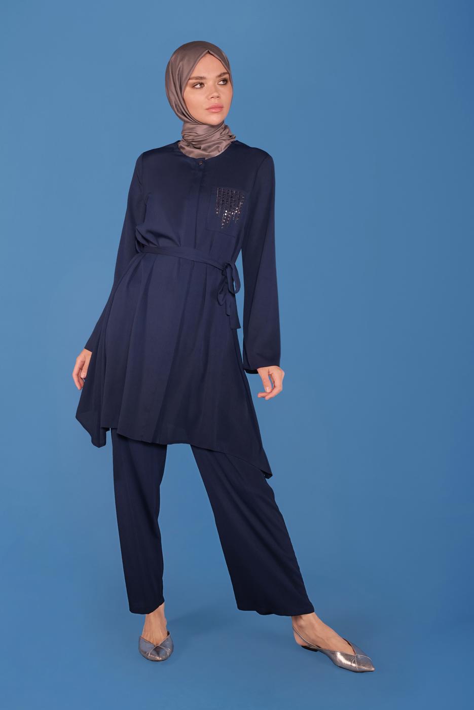 Tesettür giyim LACİVERT ALVİNA İKİLİ PANTOLON TAKIMI T 40792 