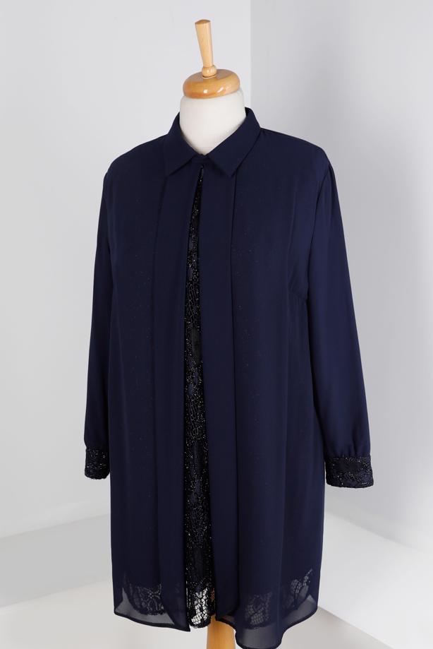 Vêtements hijab BLEU MARINE TUNIQUE ARGENTÉE LACÉE T 20042 - TRENDTESETTÜR