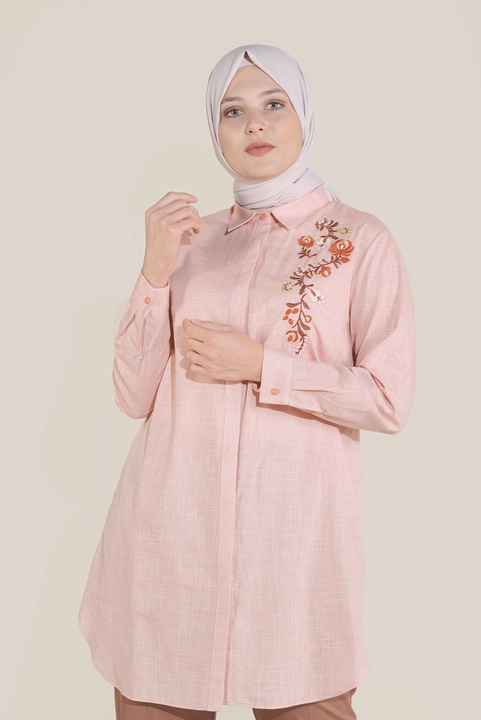 Vêtements hijab ROUGE ALVİNA TUNIQUE EN COTON BRODÉ FLORAL À BOUTONS 20047