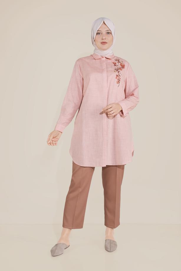Vêtements hijab ROUGE ALVİNA TUNIQUE EN COTON BRODÉ FLORAL À BOUTONS 20047 - TRENDTESETTÜR