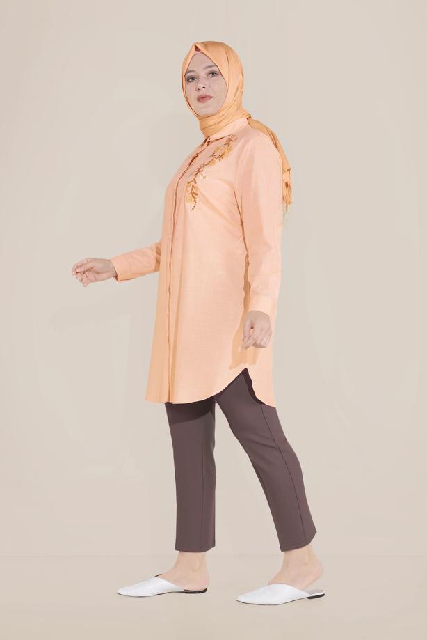Vêtements hijab ORANGE ALVİNA TUNIQUE EN COTON BRODÉ FLORAL À BOUTONS 20047 - TRENDTESETTÜR