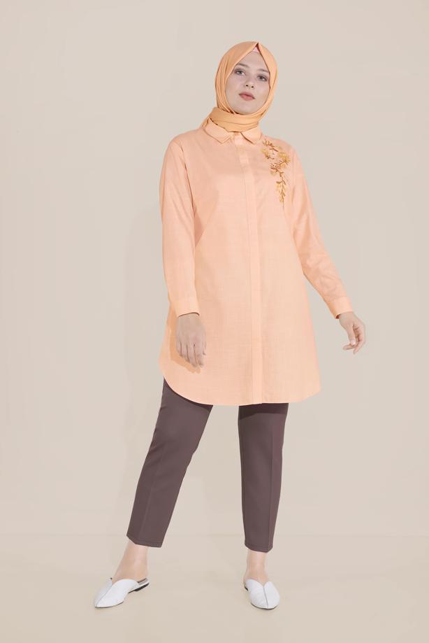 Vêtements hijab ORANGE ALVİNA TUNIQUE EN COTON BRODÉ FLORAL À BOUTONS 20047 - TRENDTESETTÜR