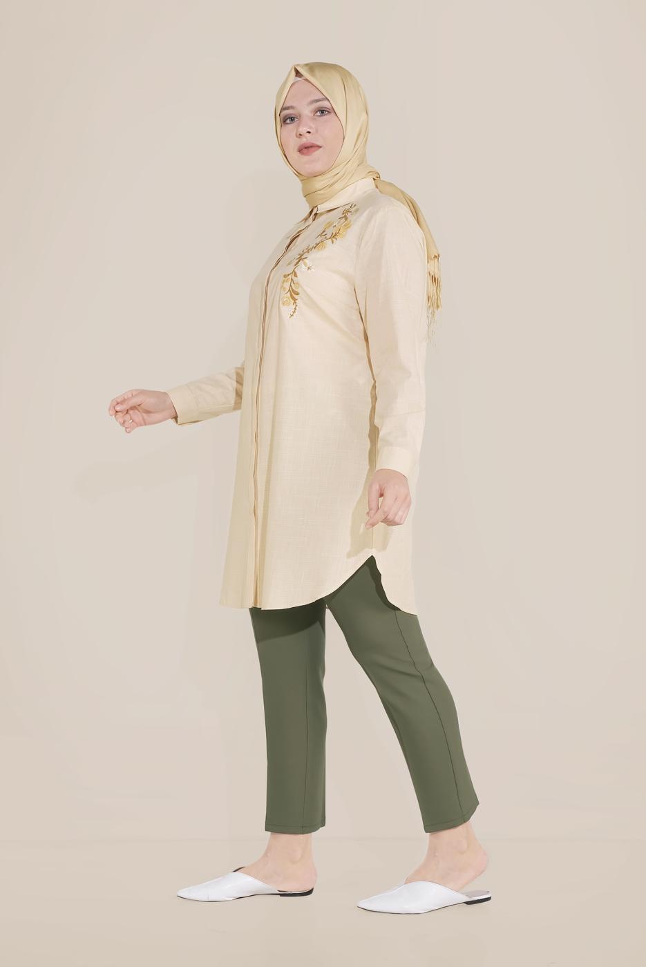 Vêtements hijab BRUN ALVİNA TUNIQUE EN COTON BRODÉ FLORAL À BOUTONS 20047