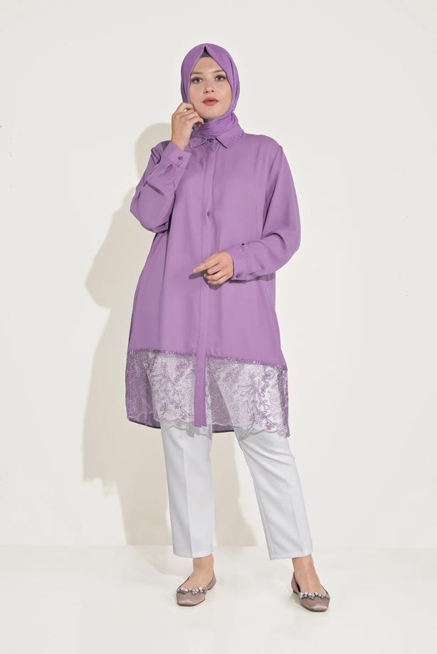 Vêtements hijab POURPRE ALVİNA TUNIQUE AVEC OURLET GUIPURÉ 20049 - TRENDTESETTÜR