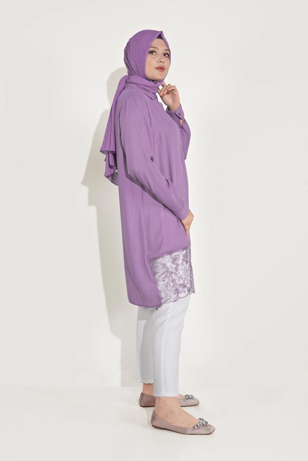 Vêtements hijab POURPRE ALVİNA TUNIQUE AVEC OURLET GUIPURÉ 20049 - TRENDTESETTÜR