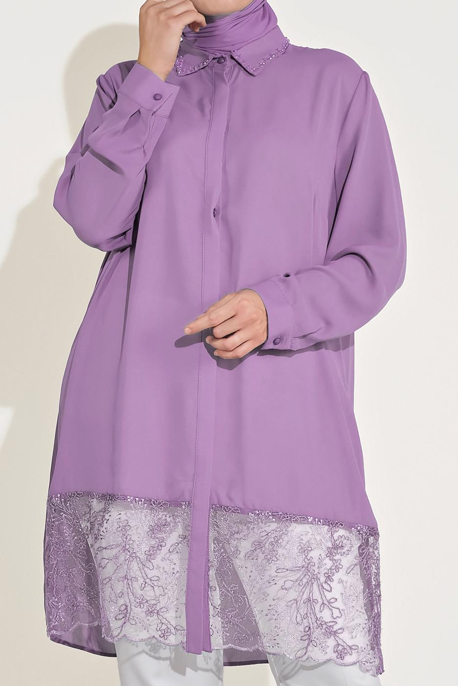 Tesettür giyim MOR ALVİNA ETEK UCU GÜPÜR DETAYLI TUNİK 20049 