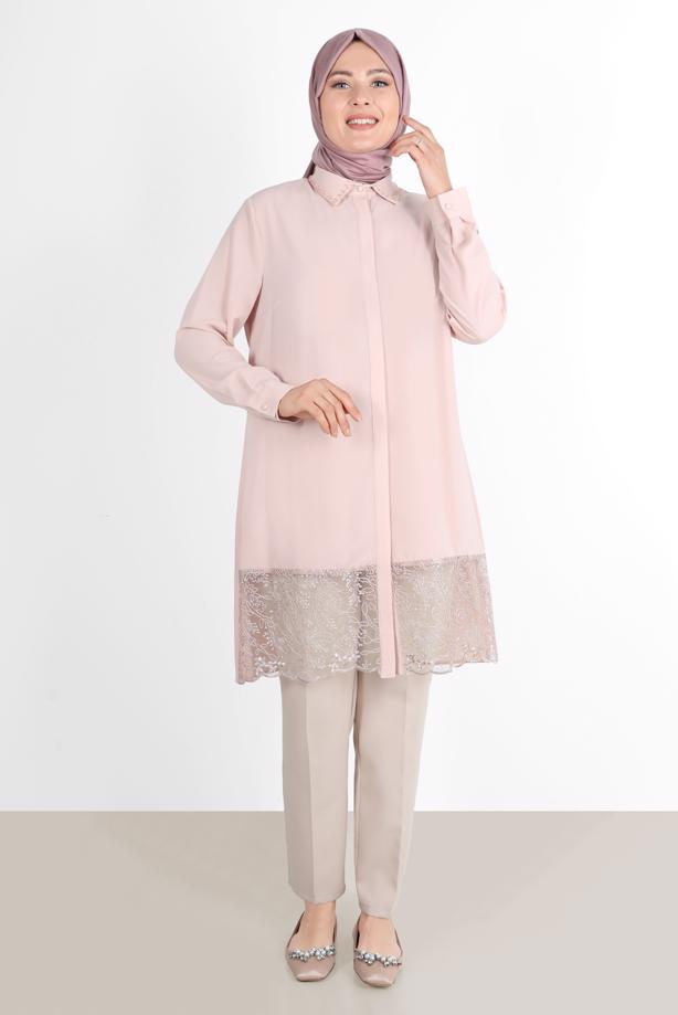 Vêtements hijab POUDRE ALVİNA TUNIQUE AVEC OURLET GUIPURÉ 20049 - TRENDTESETTÜR