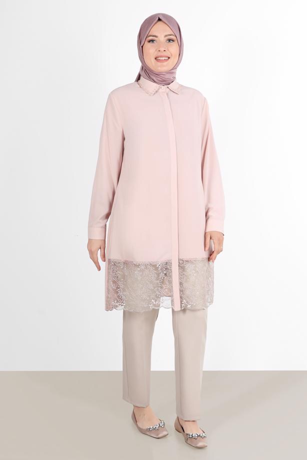 Vêtements hijab POUDRE ALVİNA TUNIQUE AVEC OURLET GUIPURÉ 20049 - TRENDTESETTÜR