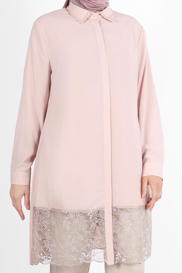 Vêtements hijab POUDRE ALVİNA TUNIQUE AVEC OURLET GUIPURÉ 20049 - TRENDTESETTÜR