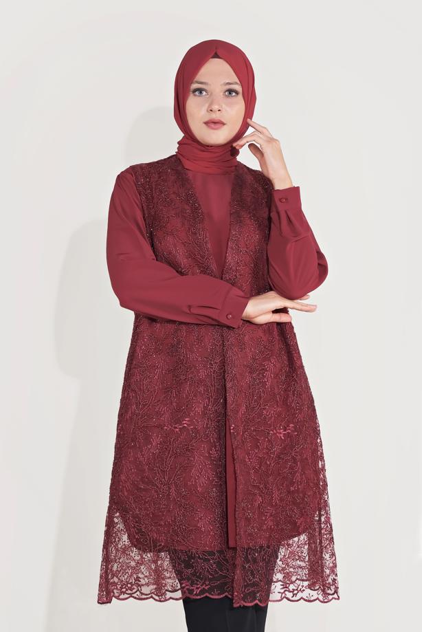 Vêtements hijab ROUGE BORDEAUX TUNIQUE GUIPURÉE ARGENTÉE 2 PIÈCES 20050 - TRENDTESETTÜR