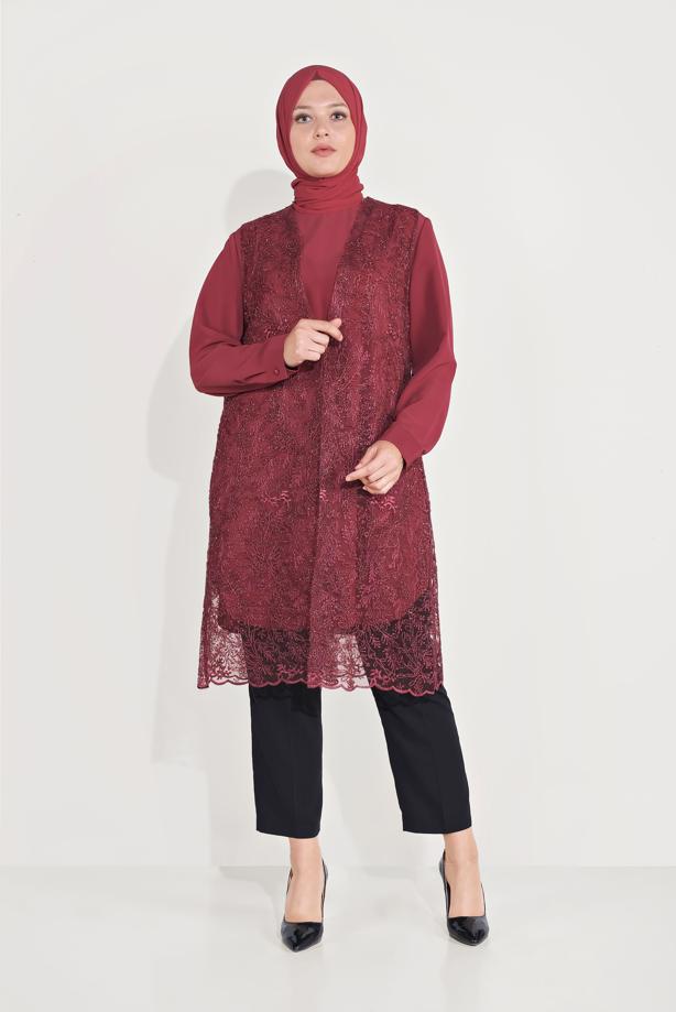 Vêtements hijab ROUGE BORDEAUX TUNIQUE GUIPURÉE ARGENTÉE 2 PIÈCES 20050 - TRENDTESETTÜR
