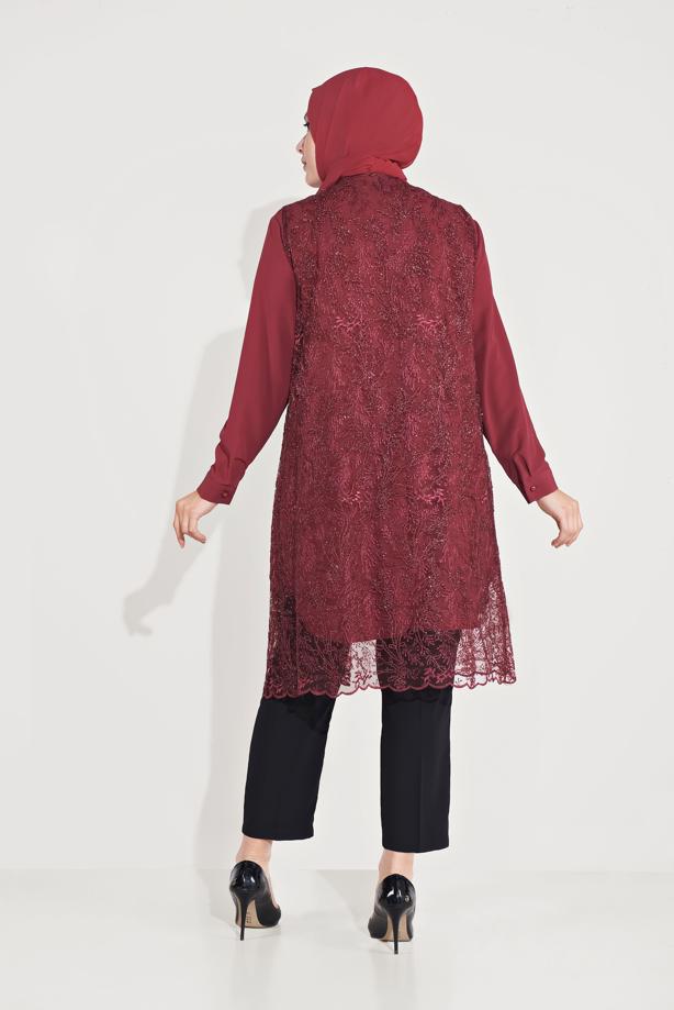 Vêtements hijab ROUGE BORDEAUX TUNIQUE GUIPURÉE ARGENTÉE 2 PIÈCES 20050 - TRENDTESETTÜR