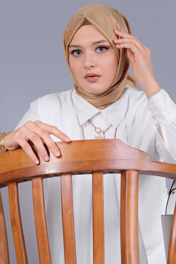 Vêtements hijab CRÈME ALVİNA TUNIQUE BRODÉE À VOLANTS 20054 - TRENDTESETTÜR