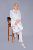 Tesettür giyim KREM ALVİNA VOLANLI NAKIŞLI TUNİK 20054 